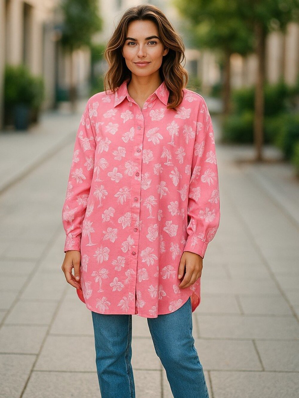 NEWPORT NEWS Pink Tropical Floral Print Long Sleeve Button Front Shirt Ladies XL